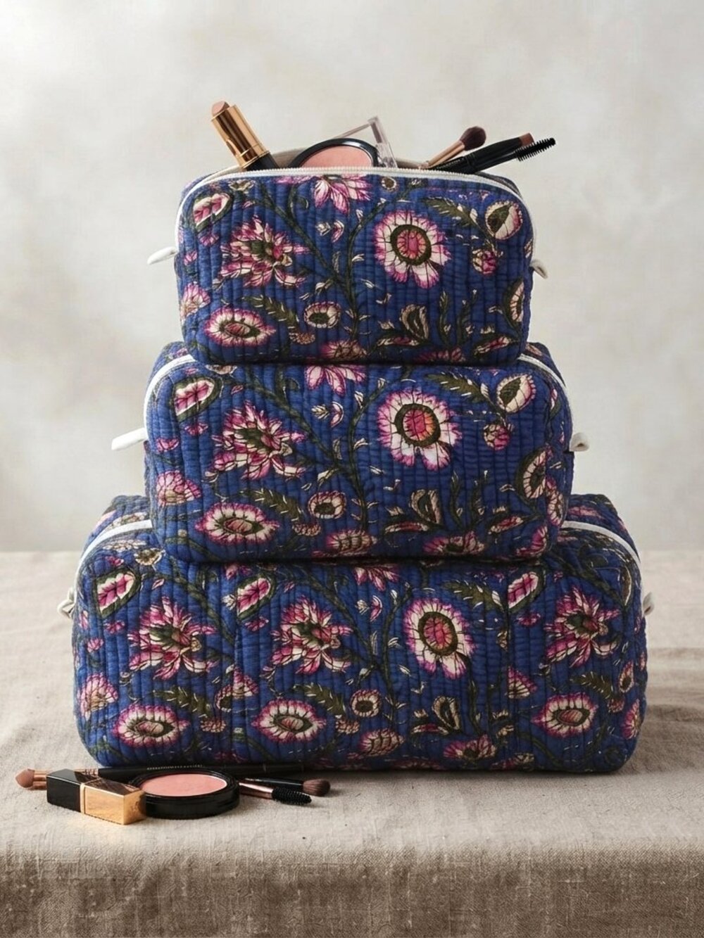 Set Of 3 Block Print Toiletry Bags, Cotton Makeup Bag, Cosmetic Bag Set Gift